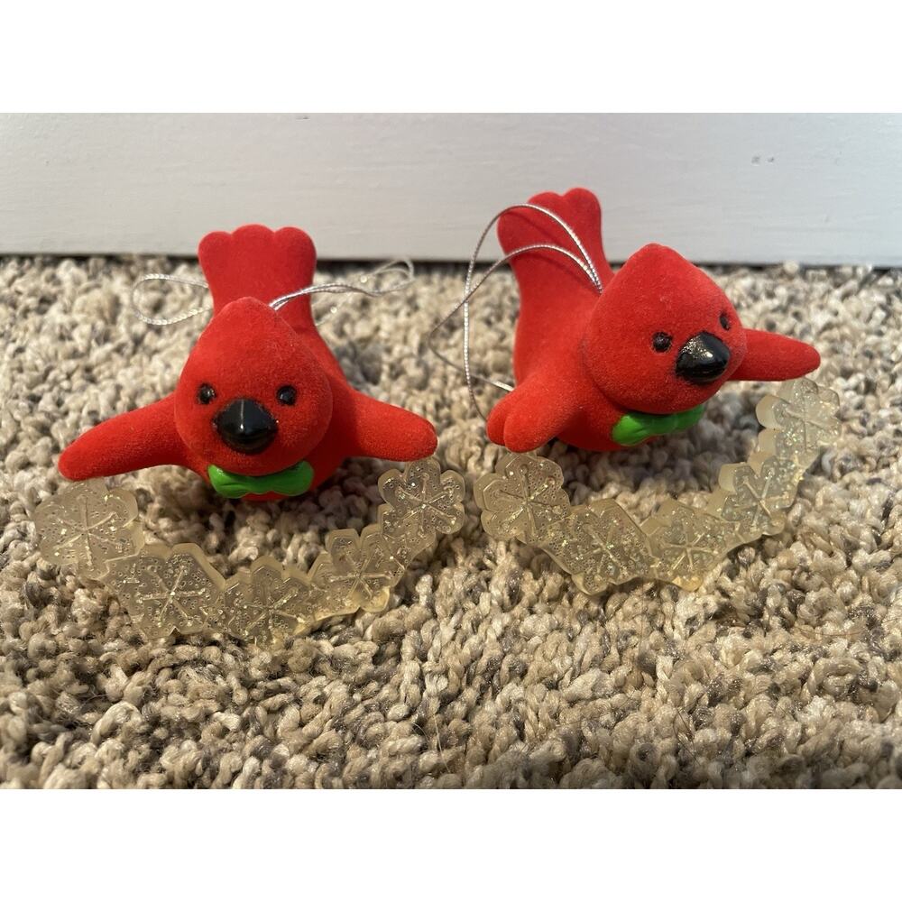Vintage Flocked Cardinal Bird Ornaments Snowflakes Set of 2 Christmas Holiday